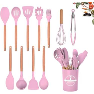 Imagem de Kit de Utensílios de Cozinha de Silicone, 12 Peças, Cabos de Madeira Antiderrapentes, Cozinha Completa (Rosa)