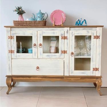 Imagem de Aparador 3 Portas Vidro Madeira Maciça Rústico Branco Garapa D125 Shop JM