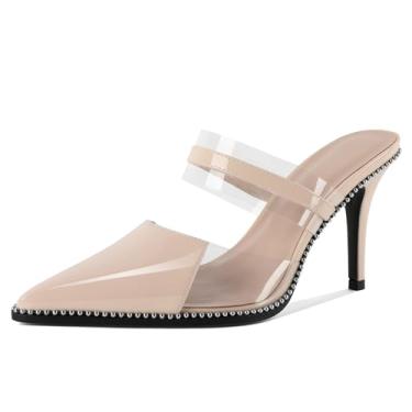 Imagem de Soireelady Sandálias femininas de salto alto com contas salto agulha bico fino PVC transparente tira no tornozelo sapato social 3,5 polegadas, Bege, 40