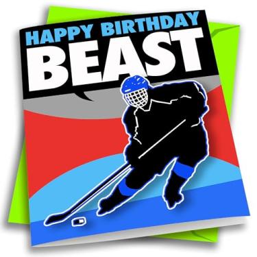 Imagem de Play Strong Cartão de aniversário da Fera do Hóquei, pacote com 1 (5 x 7), cartões de aniversário esportivos de hóquei, cartões de aniversário – incrível para jogadores de hóquei, treinadores e fãs, aniversários, presentes e festas!