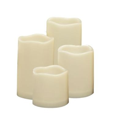 Imagem de 4 alturas graduadas à prova d'água operadas por bateria sem chamas LED pilar velas com temporizador cintilante resina de plástico luzes noturnas elétricas para pátio, jardim, decoração de casa, festa de casamento