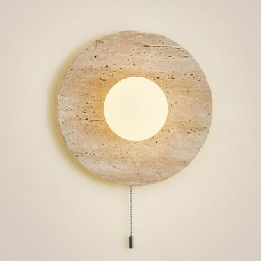 Imagem de Luminária de parede redonda de travertino amarelo com interruptor de puxar para cabeceira, arandela vintage nórdica Wabi Sabi, luminária de parede de pedra natural com sombra de globo branco