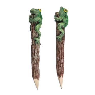 Imagem de ablossom, Sapo lápis de madeira esculpido à mão animal bonito anfíbios artigos de papelaria criativos lápis de madeira rústicos material escolar e de escritório exclusivo feito à mão divertido lápis presente para crianças, conjunto de 2 peças