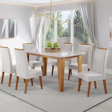 Imagem de Mesa de Jantar Retangular Dakar 1,60x90 com Vidro e 6 Cadeiras Vegas em Madeira Maciça Mel/Off White/Marfim