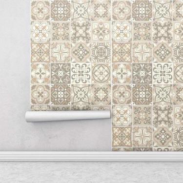 Imagem de Papel De Parede Azulejo Ladrilho Indiano  em Tons Bege Cozinha Quarto 