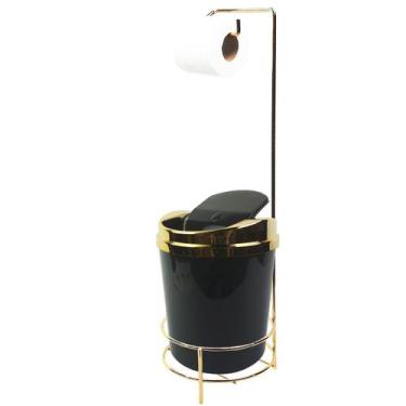 Imagem de Suporte Porta Papel Higiênico lixeira Preto 5 Litros Com Tampa Bascula