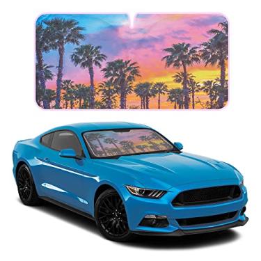 Imagem de BDK Quebra-sol para janela de carro de palmeiras do pôr do sol sombra automática para viseira de para-brisa, bloquear UV refletir calor para manter seu carro SUV caminhão fresco Jumbo 162 cm x 81 cm