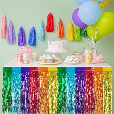 Imagem de Bouiexye Pacote com 6 saias de mesa com franja de alumínio de 75 x 272 cm, saias de mesa descartáveis para cortinas de mesa retangulares, pano de fundo, desfile, boias de casamento, festa de chá de