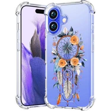 Imagem de CCFUNCASE Compatível com iPhone 16 Plus capa transparente fofa para mulheres - capa de telefone robusta para 16 Plus (apanhador de sonhos azul apanhador de sonhos penas flores florais folhas)