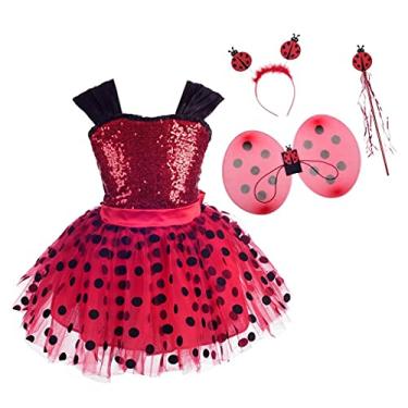 Imagem de Dressy Daisy Fantasia infantil de joaninha de bolinhas com acessórios, vestido tutu, vestidos de festa de Halloween, tamanho 3 a 4 anos, vermelho