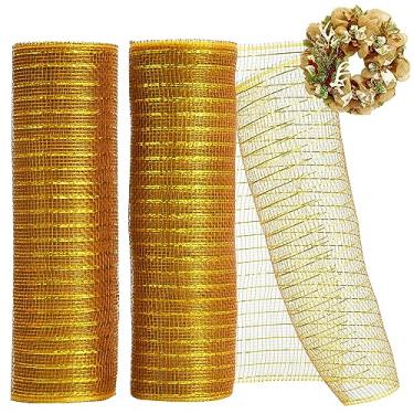 Imagem de TONIFUL 2 rolos decorativos de 25,4 cm em ouro escuro, malha de tecido com folha para suprimentos de grinalda, guirlanda de porta da frente, decoração de árvore de Natal, Ano Novo Dia das Bruxas (10