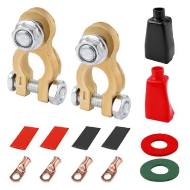 Imagem de Kit de terminal de bateria de carro, conectores de terminal de bateria com 4 terminais de cobre, 4 tubos termorretráteis, 2 tampas de terminais, 2 arruelas, 2 conectores para carros, barcos,