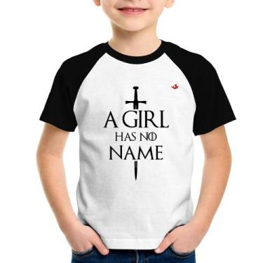 Imagem de Camiseta Raglan Infantil A girl has no name - Foca na Moda, Branco, Pr