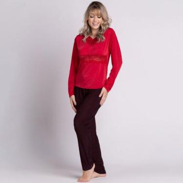 Imagem de Pijama Vekyo Feminino Longo Liganete Renda Luxo, Vermelho, Mulher, G