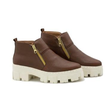 Imagem de Bota Coturno Feminino Couro Cano Curto Tratorada Conforto - Q&A, Marro