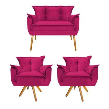 Imagem de Kit Namoradeira e 02 Poltronas Opala Base Giratória de Madeira Suede P