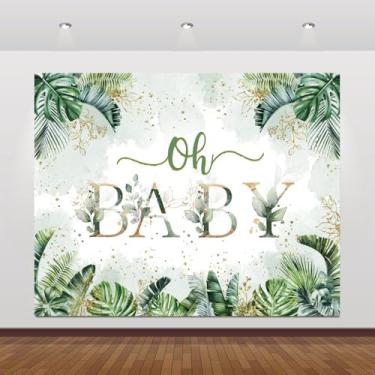 Imagem de hraiufc Pano de fundo Safari Jungle Animals Oh Baby para decoração de chá de bebê, 3 x 2 m, folhas de vegetação verde tropical, fundo de fotografia, revelação de gênero, chá de bebê, festa de