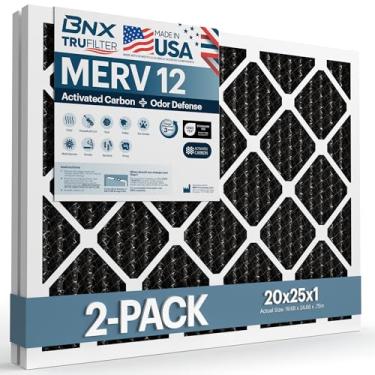 Imagem de BNX Filtro de ar TruFilter 20x25x1 MERV 12 Odor Defense (pacote com 2) com carvão ativado – Feito nos EUA – Filtros plissados de ar condicionado HVAC AC – Remove odor, mofo, bactérias, fumaça