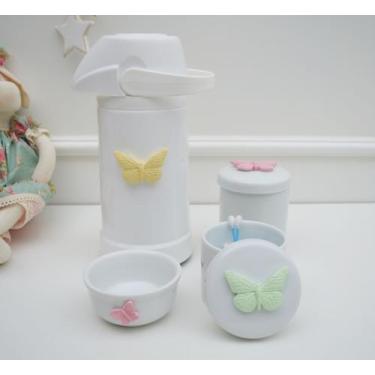Imagem de kit Higiene Bebê Potes K022 Borboleta Cotonete Algodão Limpeza Porcela