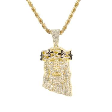 Imagem de ICE STAR Colar masculino com pingente de Jesus com coroa floral congelada com corrente de corda de 61 cm - Joias hip-hop com cristais simulados, 24-INCHES, Zinco, Zircônia cúbica