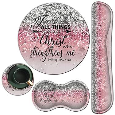 Imagem de Mouse pad + apoio de pulso para teclado + conjunto de suporte para descanso de pulso do mouse + porta-copos com espuma de memória ergonômica conjunto de mouse e teclado para laptop computador escritório em casa trabalhando jogos - Pink Glitter Bible