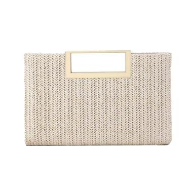 Imagem de AWUXINE Bolsa feminina de palha com alça superior para noite, ráfia, transversal, bolsa de praia, Branco