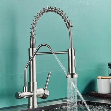 Imagem de Torneira de cozinha cromada com filtro rotativo, dispositivo de água pura, misturador de água quente e fria, torneira de cozinha com mola, instalação de deck, níquel escovado A