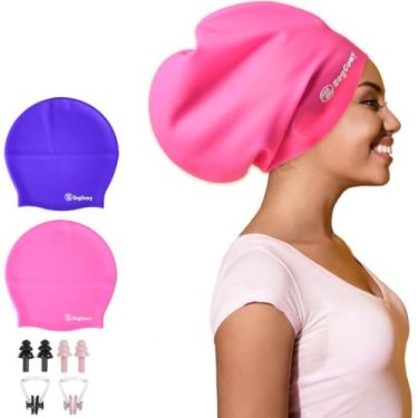 Imagem de Touca de natação feminina extra grande para tranças e dreadlocks, touca de natação de silicone para manter o cabelo seco para extensões de cabelo longo, touca de banho à prova d'água, 2 unidades