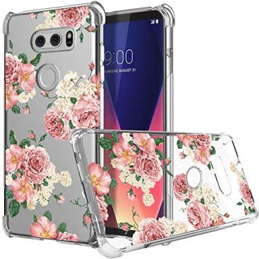 Imagem de Ueokeird Capa para LG V30, capa para LG V30 Plus com flores, fina à prova de choque com estampa floral transparente macia flexível TPU traseira capa protetora para celular para LG V30/V30 Plus/para LG