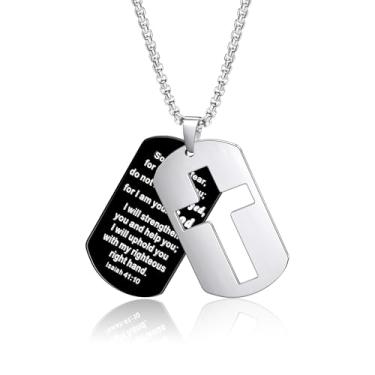Imagem de GILIEYER Colar com cruz para homens, pingente inspirador de etiqueta de cachorro com versículo da Bíblia, corrente de aço inoxidável, colar de cruz para homens, joias cristãs, presentes religiosos