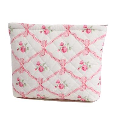 Imagem de FITINI Bolsa de maquiagem grande portátil acolchoada com estampa floral organizadora de cosméticos linda bolsa feminina de algodão macio com zíper à prova d'água bolsas de armazenamento de higiene