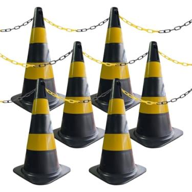 Imagem de 6 Cones de Sinalização para Estacionamento 50cm e 6m de Corrente de Isolamento (Preto e Amarelo)