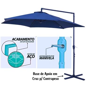 Imagem de Ombrelone de Luxo p/ Varanda e Piscina, Bel Veneza Azu Guarda Sol Cobertura 3M Giratorio em Aço com Base & Manivela