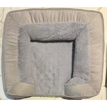 Imagem de Cama de pelúcia para animais de estimação com paredes altas, design acolchoado quadrado, cinza