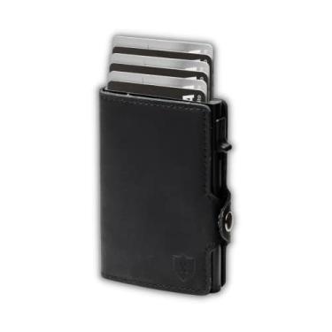 Imagem de Carteira fina de couro para homens | Carteira RFID com três dobras | Porta-cartões luxuoso e carteira minimalista com clipe para dinheiro | Mistura de luxo e utilidade em carteiras masculinas da Xclusive, Preto completo, Carteira de três dobras com fácil acesso ao cartão