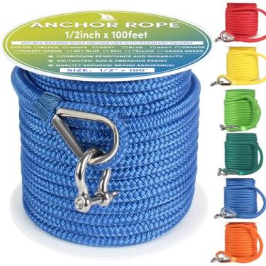 Imagem de VEITHI Corda de âncora de barco 30,5 m x 1/5.1 cm azul celeste, linha de âncora trançada dupla com dedal e manilha de aço inoxidável, corda marítima ideal para reboque, atracação, decks, ancoragem
