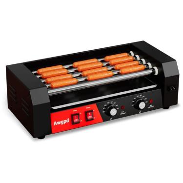 Imagem de Máquina de Salsicha e Hot Dog Awgpd Grill, 5 rolos, capacidade para 12 hot dogs, 750W, controle de temperatura duplo, bandeja coletora