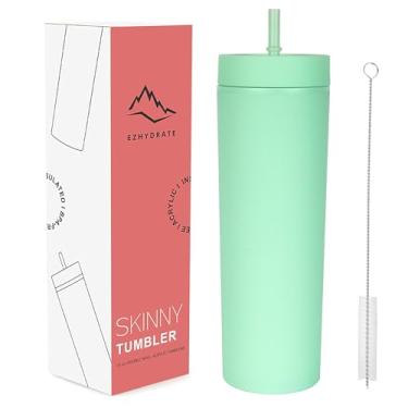 Imagem de Ezhydrate Copo fosco de 473 ml com canudo (1 unidade), copo skinny verde claro com tampa e canudo, copo preto acrílico de praia copo de plástico de parede dupla, presentes de despedida de solteira,