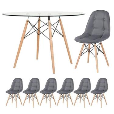 Imagem de Mesa Eames Com Tampo De Vidro 120 Cm + 6 Cadeiras Estofadas Eiffel Botonê Cinza Escuro