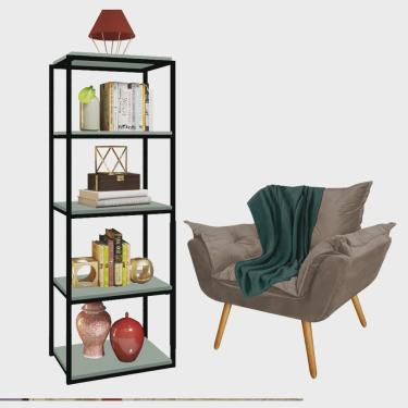 Imagem de Kit Poltrona Fatte com Manta Soft Verde e Estante Livreiro Ferro Preto mdf Verde Oliva Suede Bege - Ahazzo Móveis