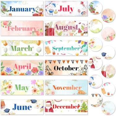 Imagem de Spakon Conjunto de 24 peças de cabeçalho mensal para 12 meses do ano, bordas de quadro de avisos, cabeçalhos sazonais com 12 adesivos para decoração de boletins escolares em sala de aula (aquarela)
