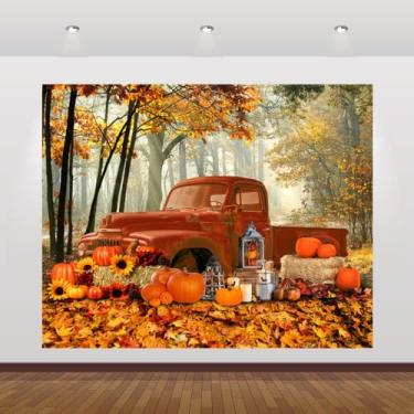 Imagem de Fundo de caminhão vermelho floresta outono 3 x 2,4 m outono colheita abóbora feno fundo decoração festa de ação de graças faixa faixa artigos de festa de ação de amigos adereços