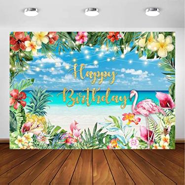 Imagem de Avezano Pano de fundo de aniversário Flamingo Flores tropicais Havaianas Praia Vamos Flamingle Party Fotografia Fundo Flamingo Happy Birthday Party Decorações para sessão de fotos de meninas (2,1 x 1,5 m)