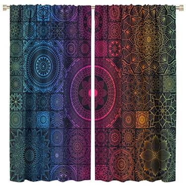 Imagem de Cortinas florais boêmias, mandala indiana, hippie, vintage, desenhadas à mão, escurecimento da porta, janela, varão, bolso, cortina para sala de estar, quarto, cozinha, 106 cm x C 114 cm