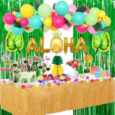 Imagem de EFAILY Decorações Para Festa Luau, Suprimentos Decoração De Aniversário Na Praia Havaiana, Temática Saia Mesa Grama, Balão Aloha, Abacaxi, Canudos Flamingo, Guarda-Chuva E Topo Cupcake