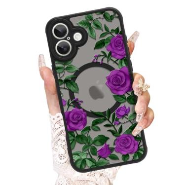 Imagem de AIGOMARA Capa para iPhone 16, compatível com MagSafe, linda estampa de flor rosa com capa de telefone fosca semitransparente para mulher Gilrs TPU macio e PC capa protetora traseira fina roxa