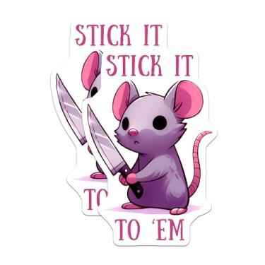 Imagem de (Pacote com 2) Adesivos Stick It to Em Mouse - Rato fofo com faca - Decalque de animal motivacional - 12,7 cm no lado mais longo - Cola em superfícies planas lisas - Feito nos EUA - BMCS9689