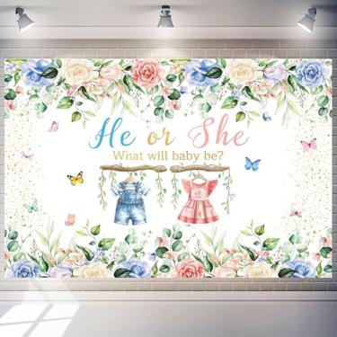 Imagem de Ele ou ela fundo revelador de gênero 3 x 2,4 m aquarela flor pano de fundo grande para meninos ou meninas recém-nascidos chá de bebê batismo crianças aniversário fotografia adereços decoração