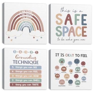 Imagem de Maitys Pacote com 4 arte de parede de canto calmante boho emoções emolduradas decoração de parede em tela arco-íris para terapia escolar, psicologia, canto calmante, decoração essencial para sala de
