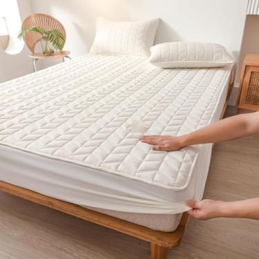 Imagem de Protetor de colchão acolchoado, macio, respirável, sem ruído, capa com bolso profundo, moderno, confortável, durável, acessório de cama amigo da pele, branco.||solteiro 89 x 200 cm